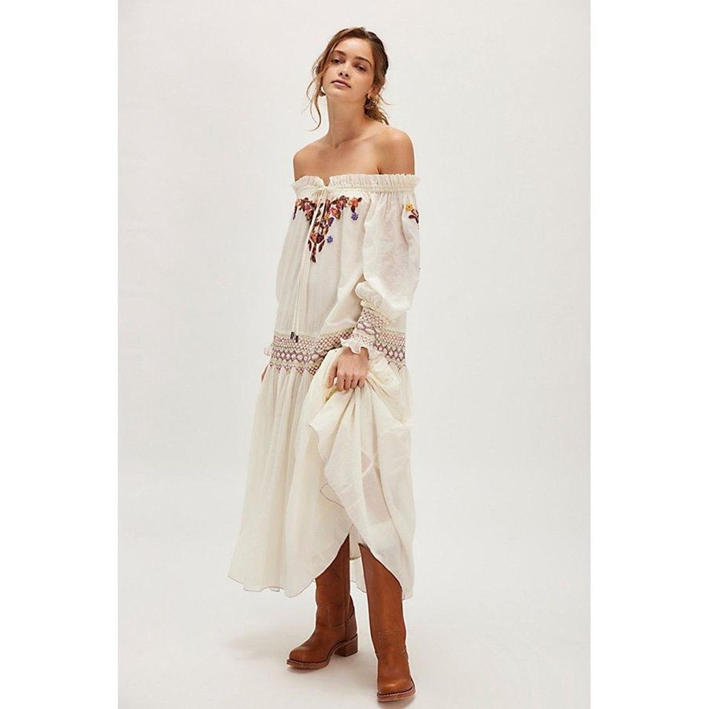 NWT Free People Women's Natural Harvest Moon Maxi Dress White XS Boho Peasant